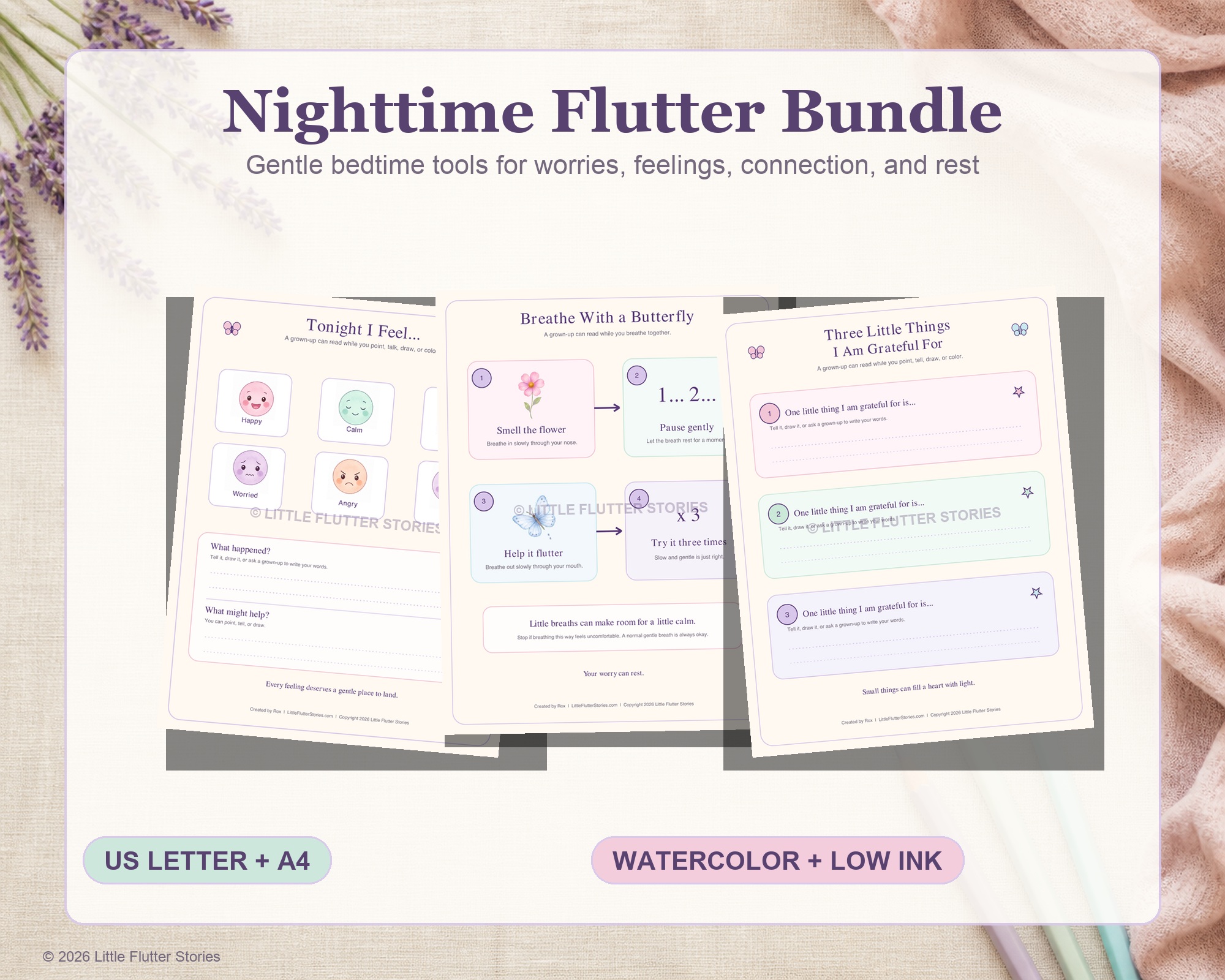 Preview of the Nighttime Flutter Bundle with bedtime calm pages, feelings activities, and communication cards