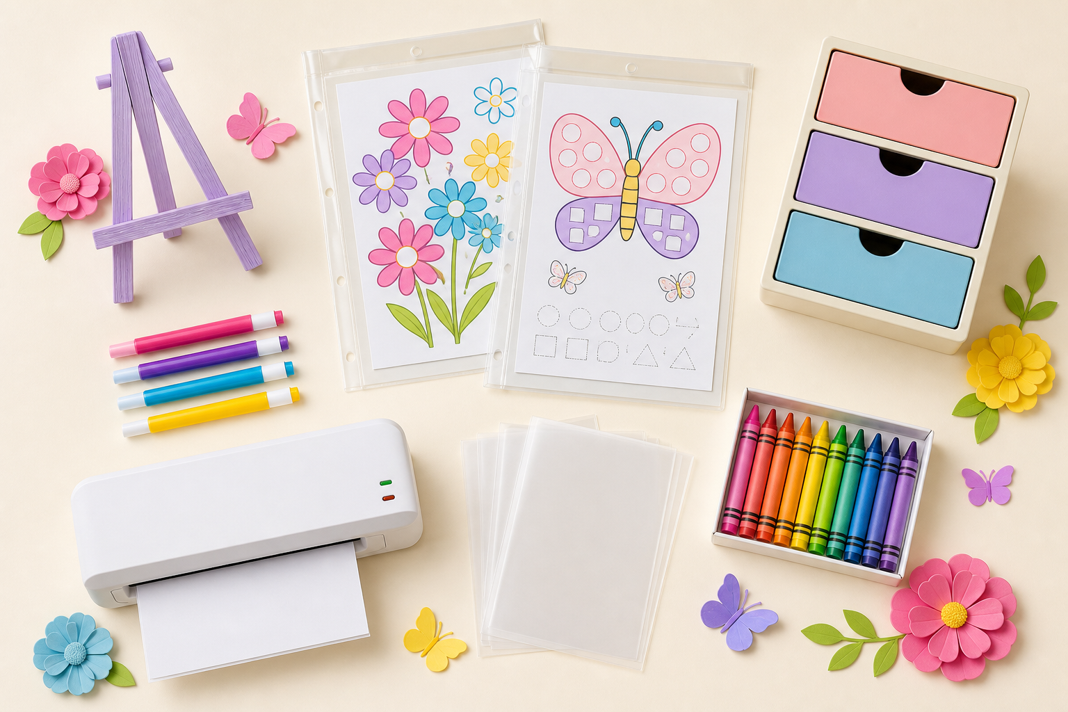 A styled flat lay representing reusable printable and coloring supplies, including sleeves, markers, a laminator, pouches, crayons, an easel, and a drawer organizer